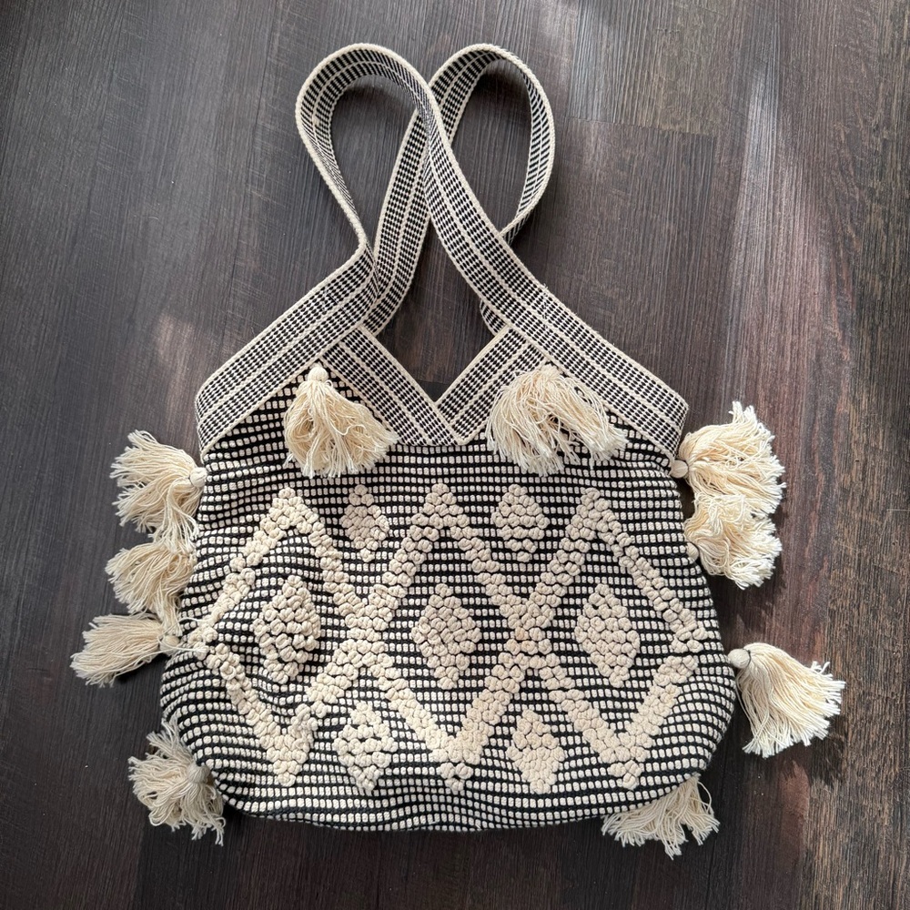 Bohemian Boho Artsy Quirky Black and Cream Tote shoulder Bag handbag